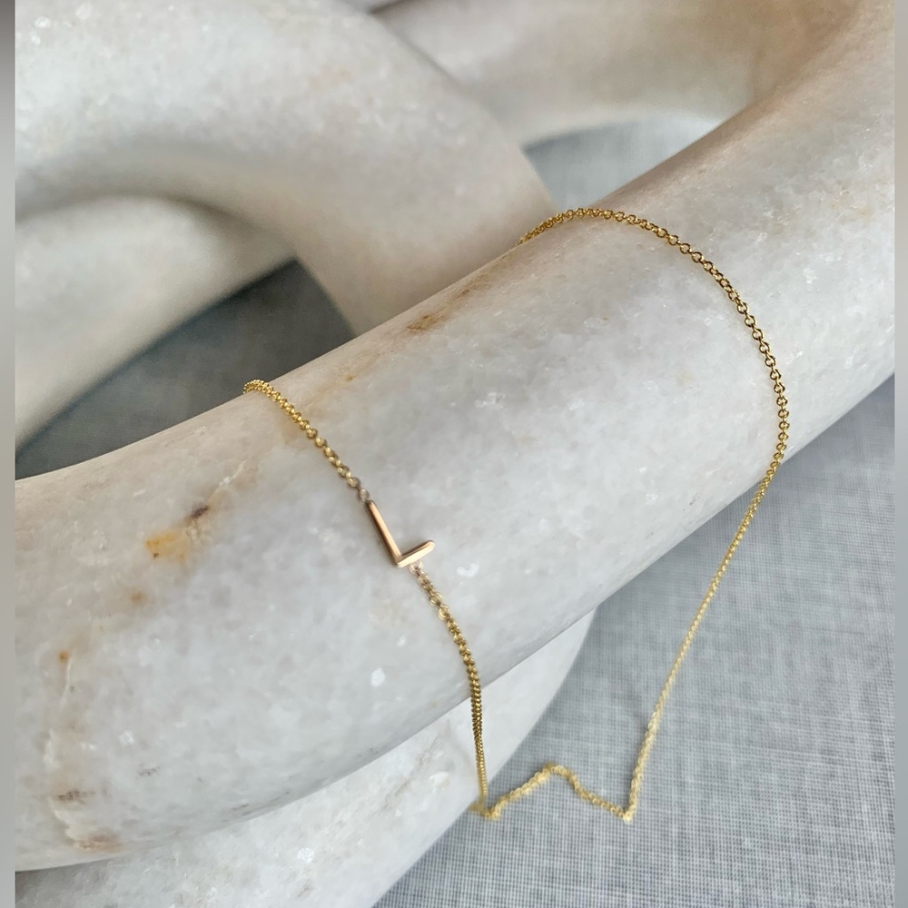 14k solid gold MAYA BRENNER ASYMMETRICAL INITIAL NECKLACE by Mark & Graham, “L”